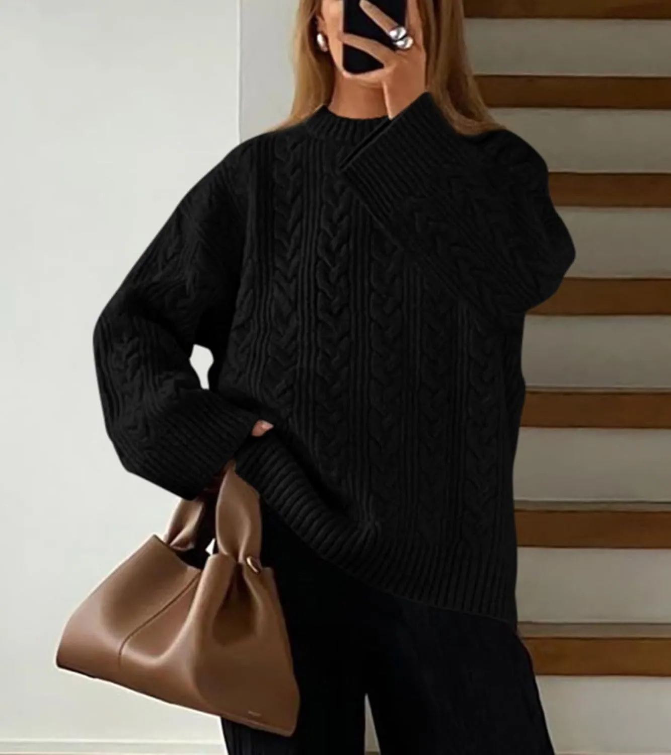 Okiwam Women's Oversized Sweaters Long Sleeve Crewneck Chunky Knitted Pullover 2025 Fall Fashion Solid Color Jumper Tops