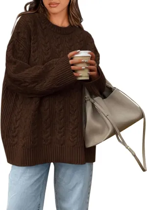 Okiwam Women's Oversized Sweaters Long Sleeve Crewneck Chunky Knitted Pullover 2025 Fall Fashion Solid Color Jumper Tops
