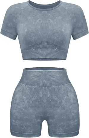 OLCHEE Womens Workout Sets 2 Piece - Seamless Acid Wash Yoga Outfits Shorts and Crop Top Matching Gym Athletic Clothing Set