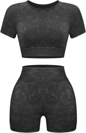 OLCHEE Womens Workout Sets 2 Piece - Seamless Acid Wash Yoga Outfits Shorts and Crop Top Matching Gym Athletic Clothing Set