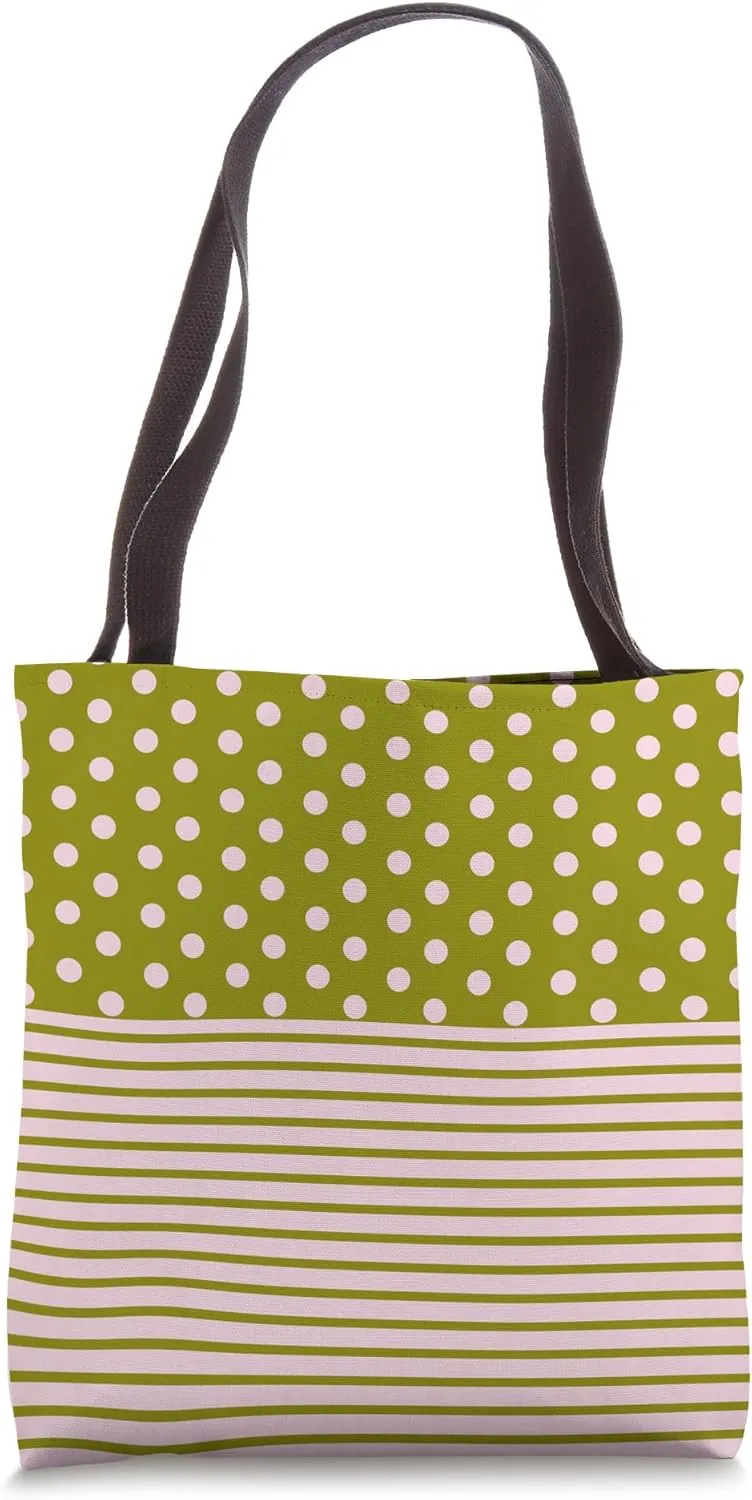 Olive Green Pink Polka Dot and Striped Aesthetic Preppy Cute Tote Bag