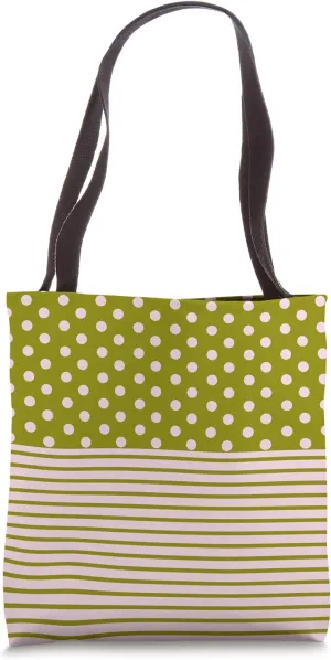 Olive Green Pink Polka Dot and Striped Aesthetic Preppy Cute Tote Bag