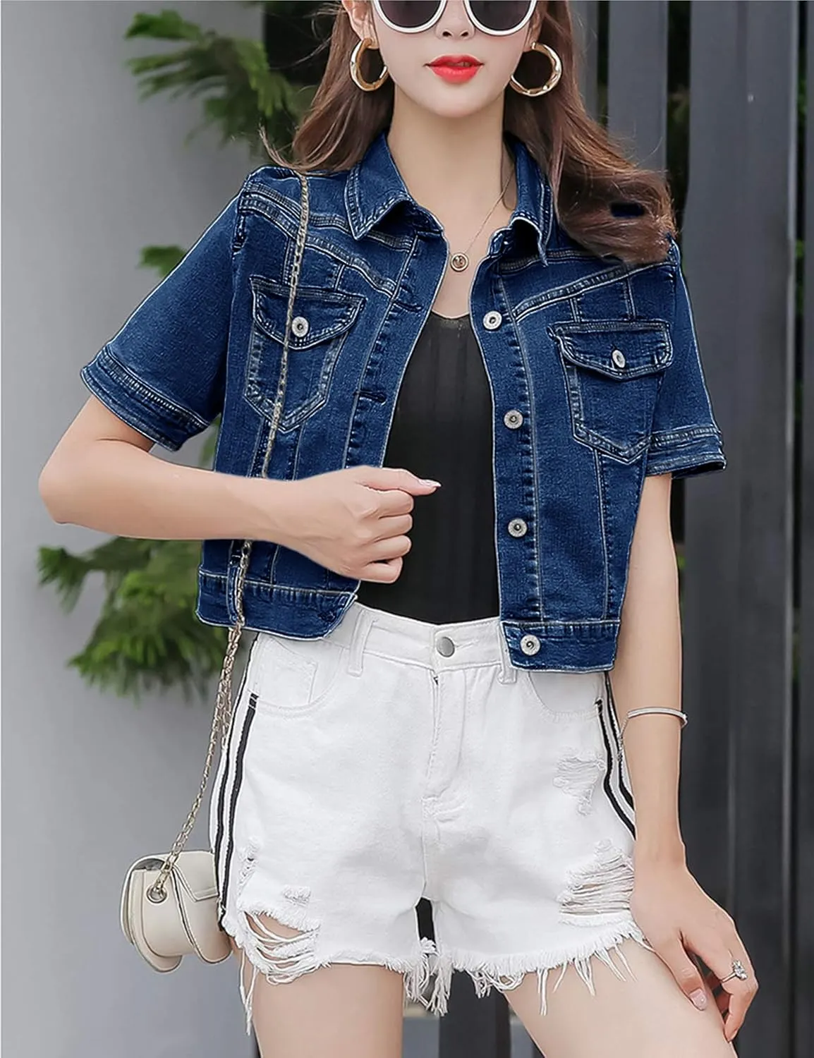 Omoone Women's Summer Short Sleeve Slim Crop Denim Trucker Jacket Jean Coat Tops
