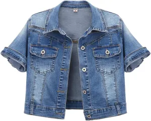 Omoone Women's Summer Short Sleeve Slim Crop Denim Trucker Jacket Jean Coat Tops
