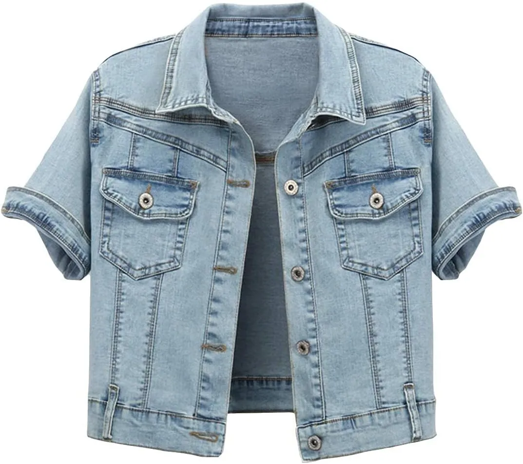 Omoone Women's Summer Short Sleeve Slim Crop Denim Trucker Jacket Jean Coat Tops