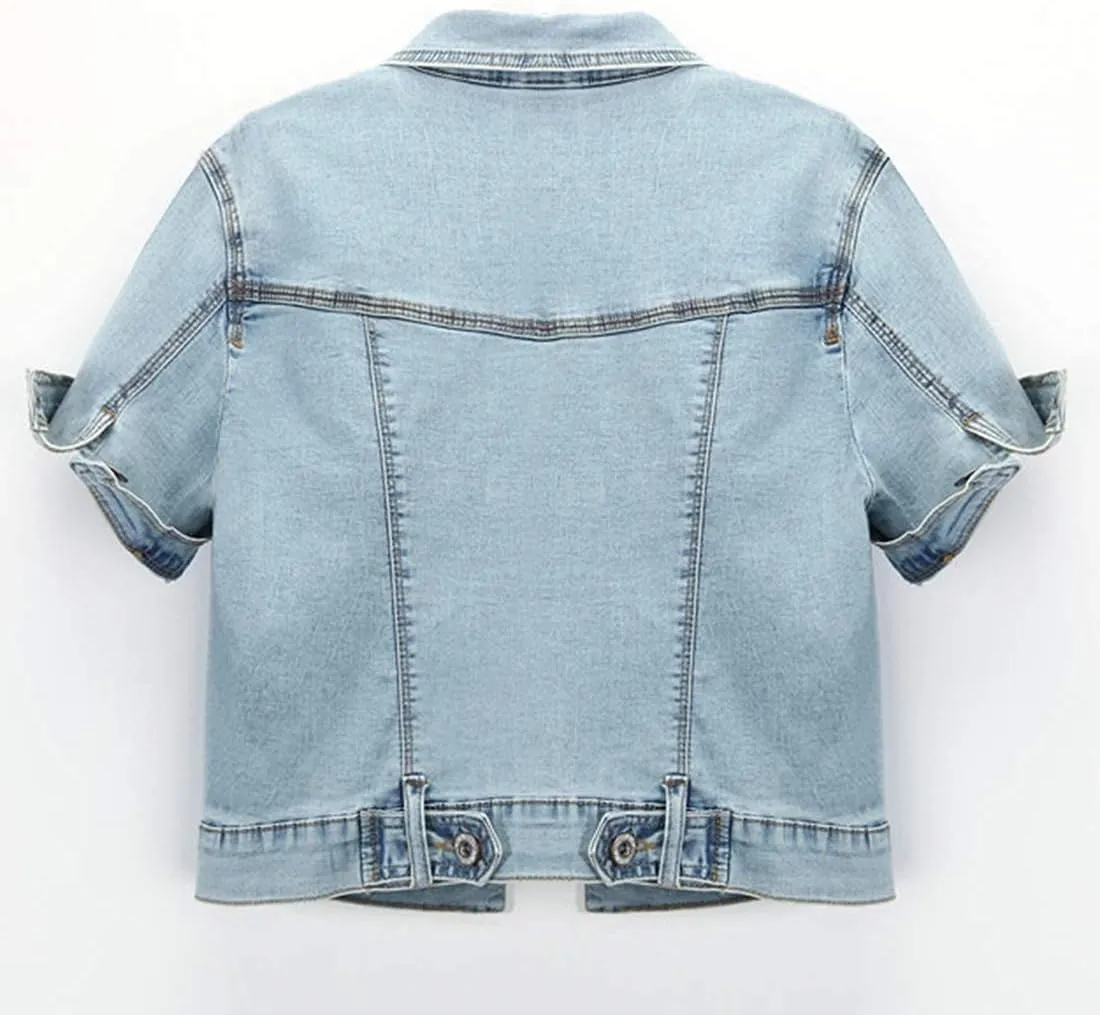 Omoone Women's Summer Short Sleeve Slim Crop Denim Trucker Jacket Jean Coat Tops
