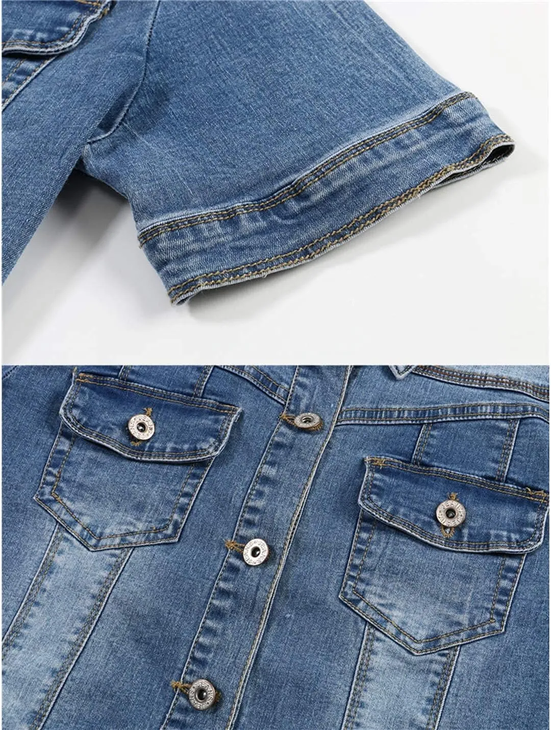 Omoone Women's Summer Short Sleeve Slim Crop Denim Trucker Jacket Jean Coat Tops