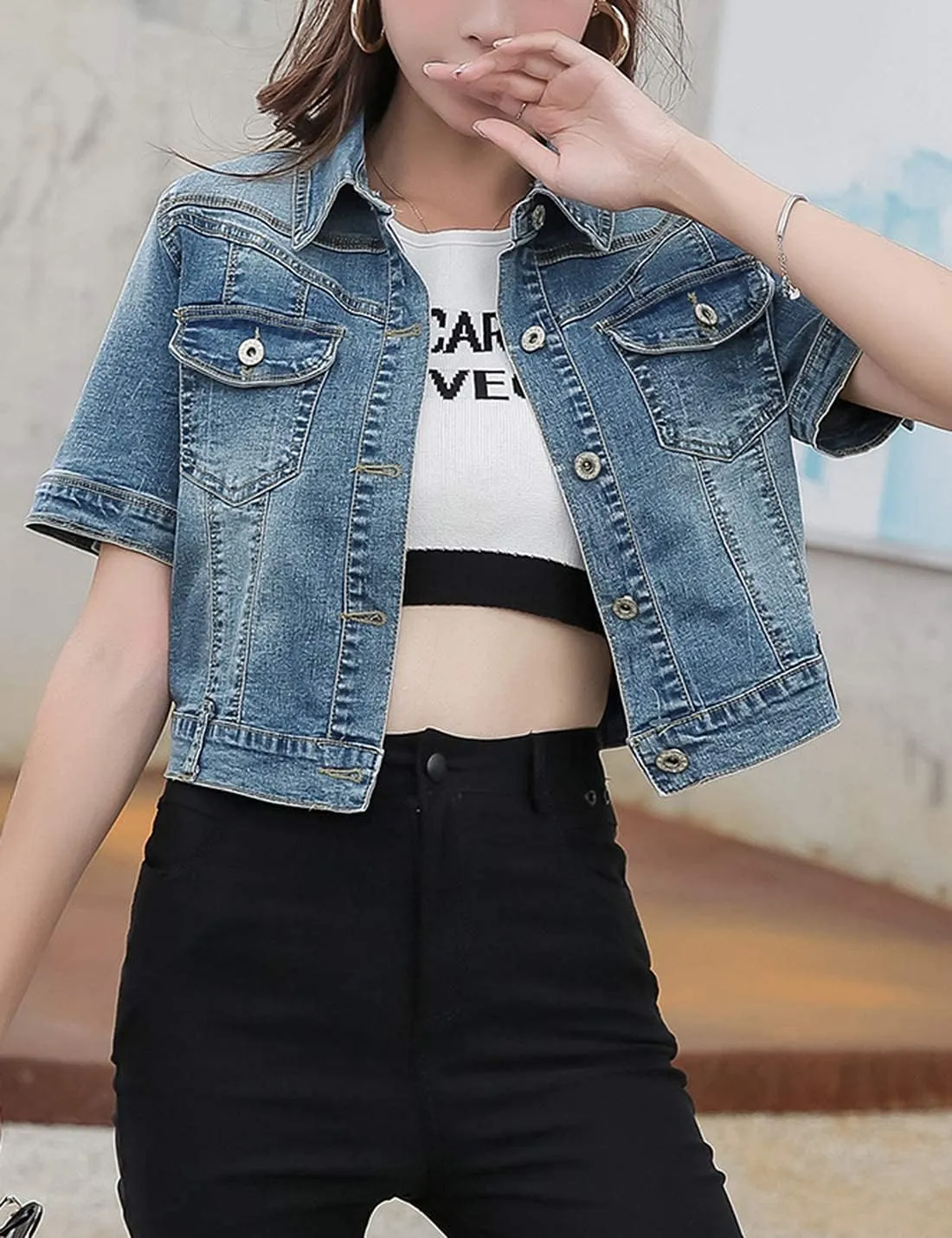 Omoone Women's Summer Short Sleeve Slim Crop Denim Trucker Jacket Jean Coat Tops