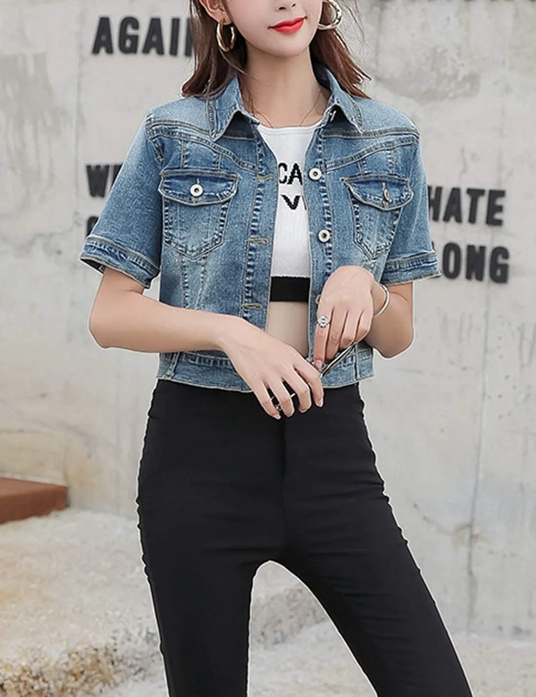 Omoone Women's Summer Short Sleeve Slim Crop Denim Trucker Jacket Jean Coat Tops