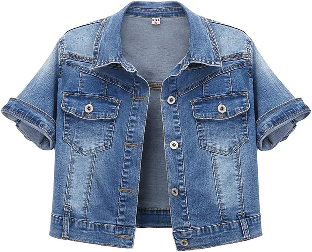 Omoone Women's Summer Short Sleeve Slim Crop Denim Trucker Jacket Jean Coat Tops