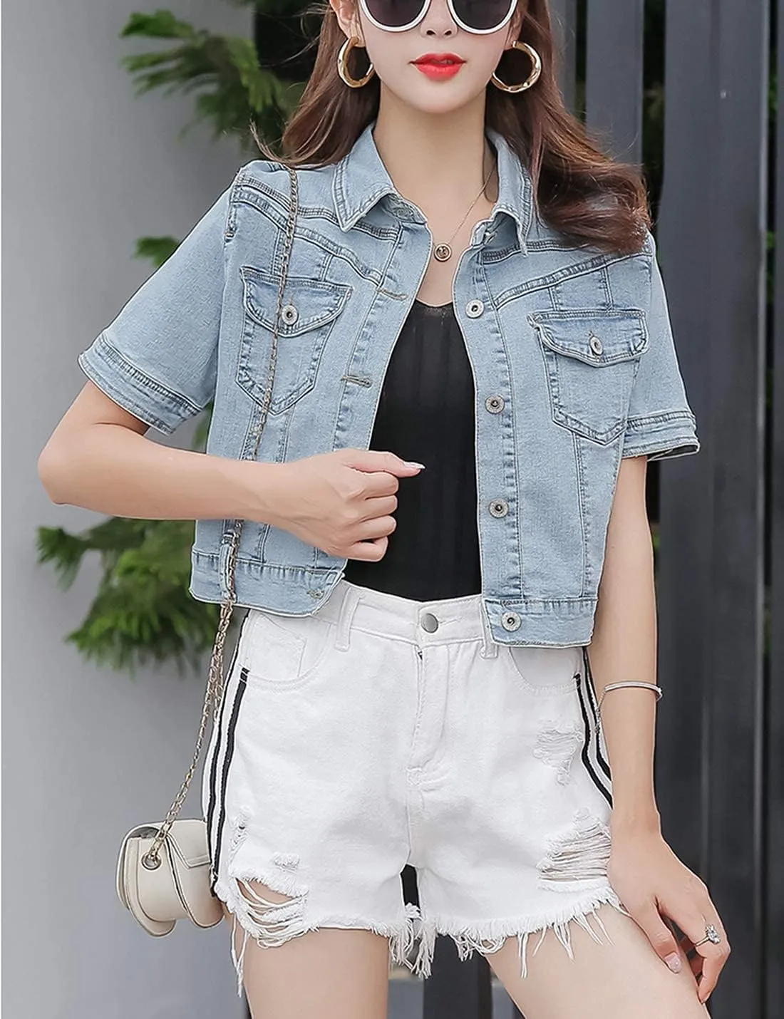 Omoone Women's Summer Short Sleeve Slim Crop Denim Trucker Jacket Jean Coat Tops