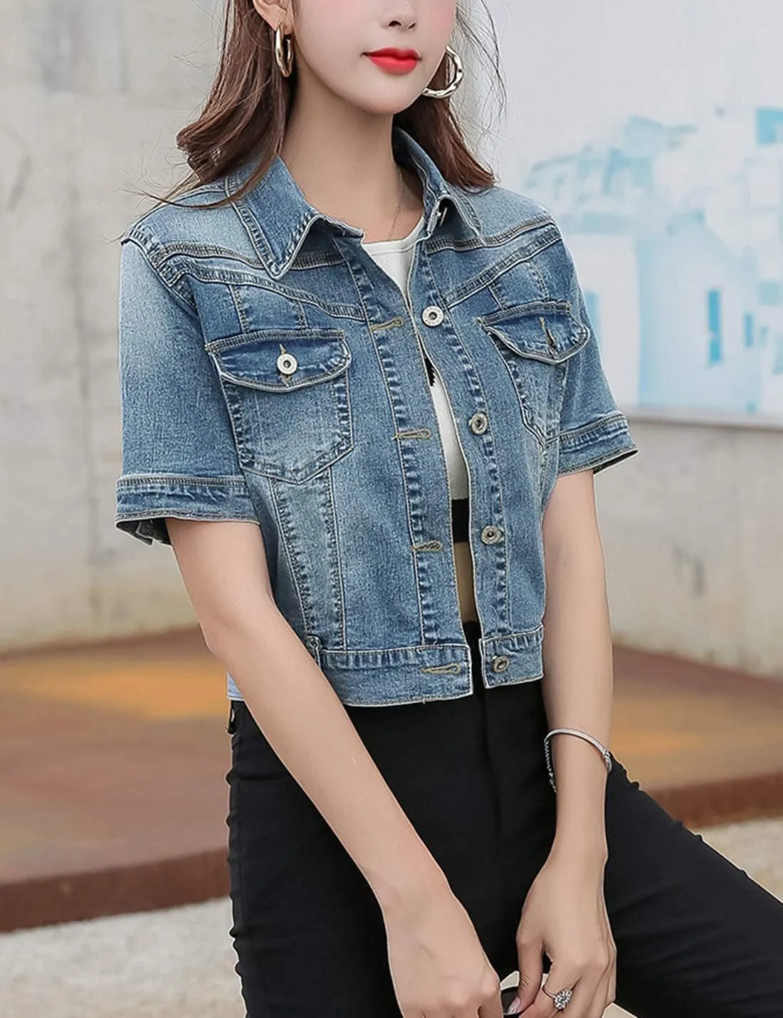 Omoone Women's Summer Short Sleeve Slim Crop Denim Trucker Jacket Jean Coat Tops