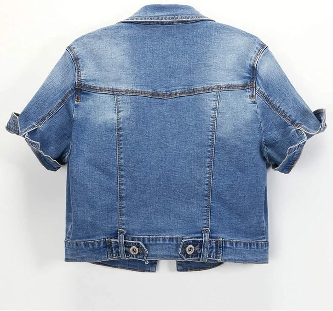 Omoone Women's Summer Short Sleeve Slim Crop Denim Trucker Jacket Jean Coat Tops