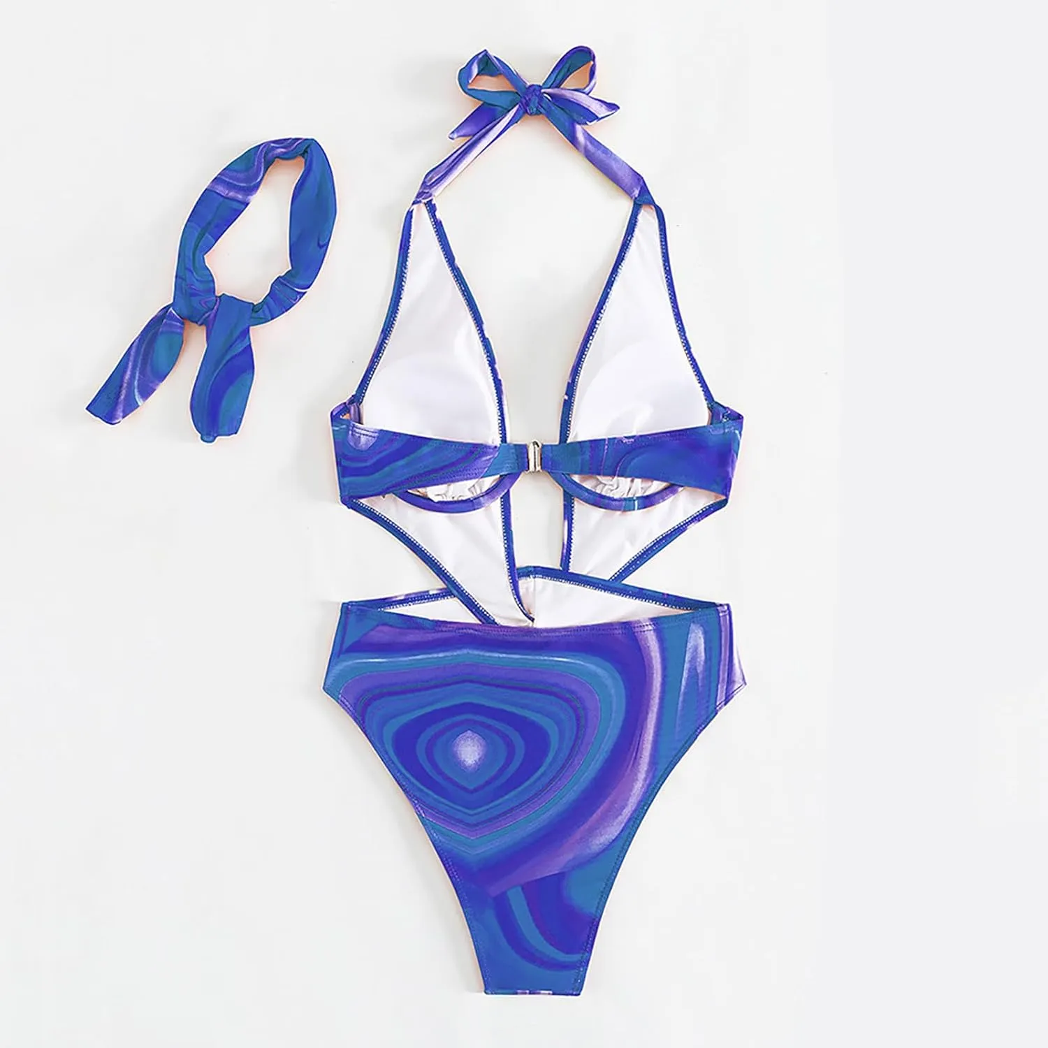 One Piece Swimsuit for Women Sexy Deep V Neck Cut Out Bathing Suit Halter Open Back Cheeky Swimwear with Bandana
