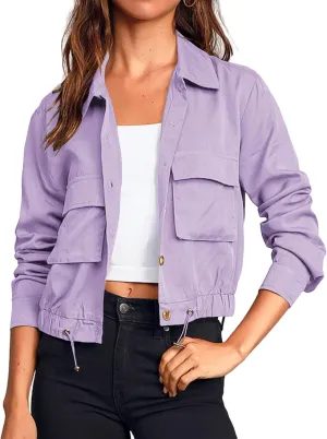 Onedreamer Women's Military Safari Cropped Jackets Button Down Lightweight Oversized Utility Anorak Coat with Pockets