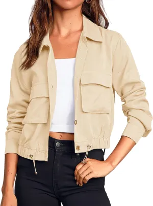 Onedreamer Women's Military Safari Cropped Jackets Button Down Lightweight Oversized Utility Anorak Coat with Pockets