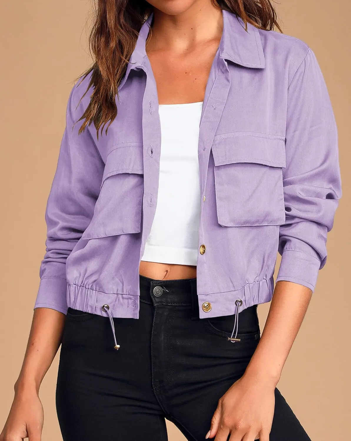 Onedreamer Women's Military Safari Cropped Jackets Button Down Lightweight Oversized Utility Anorak Coat with Pockets