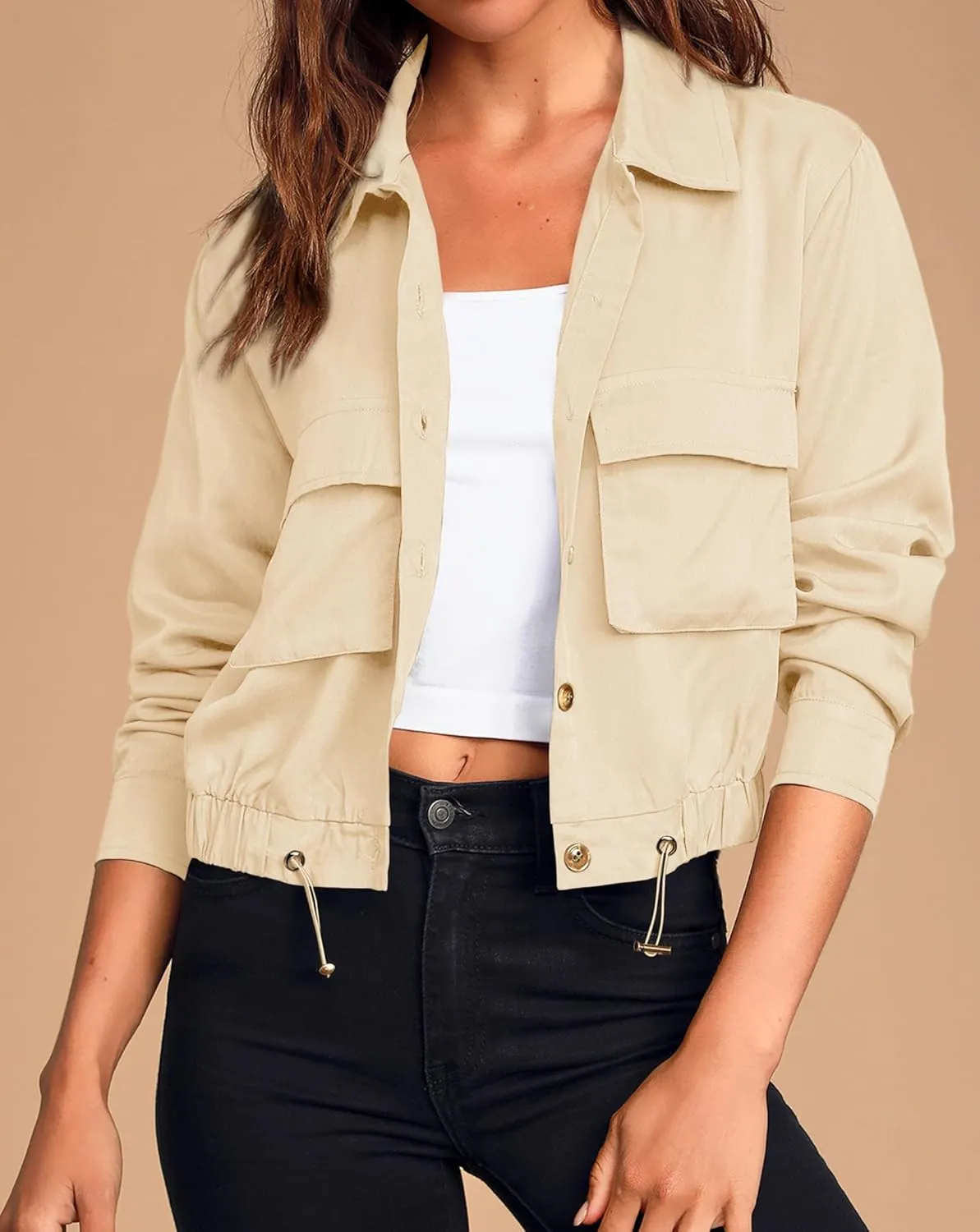 Onedreamer Women's Military Safari Cropped Jackets Button Down Lightweight Oversized Utility Anorak Coat with Pockets