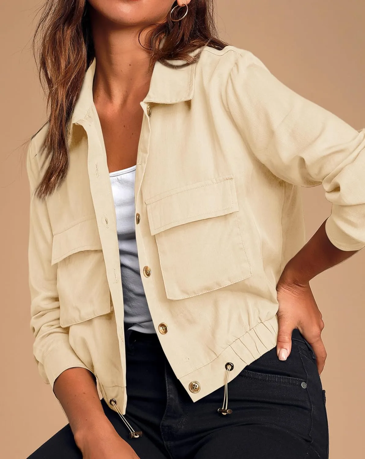 Onedreamer Women's Military Safari Cropped Jackets Button Down Lightweight Oversized Utility Anorak Coat with Pockets