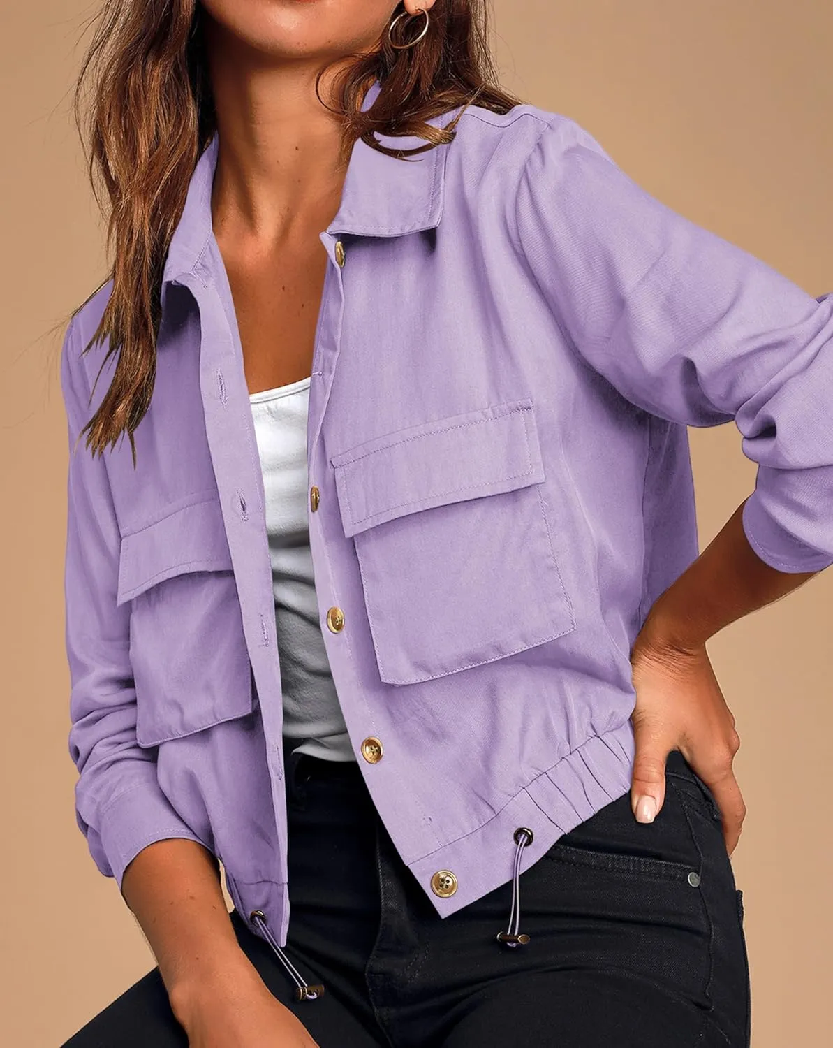 Onedreamer Women's Military Safari Cropped Jackets Button Down Lightweight Oversized Utility Anorak Coat with Pockets