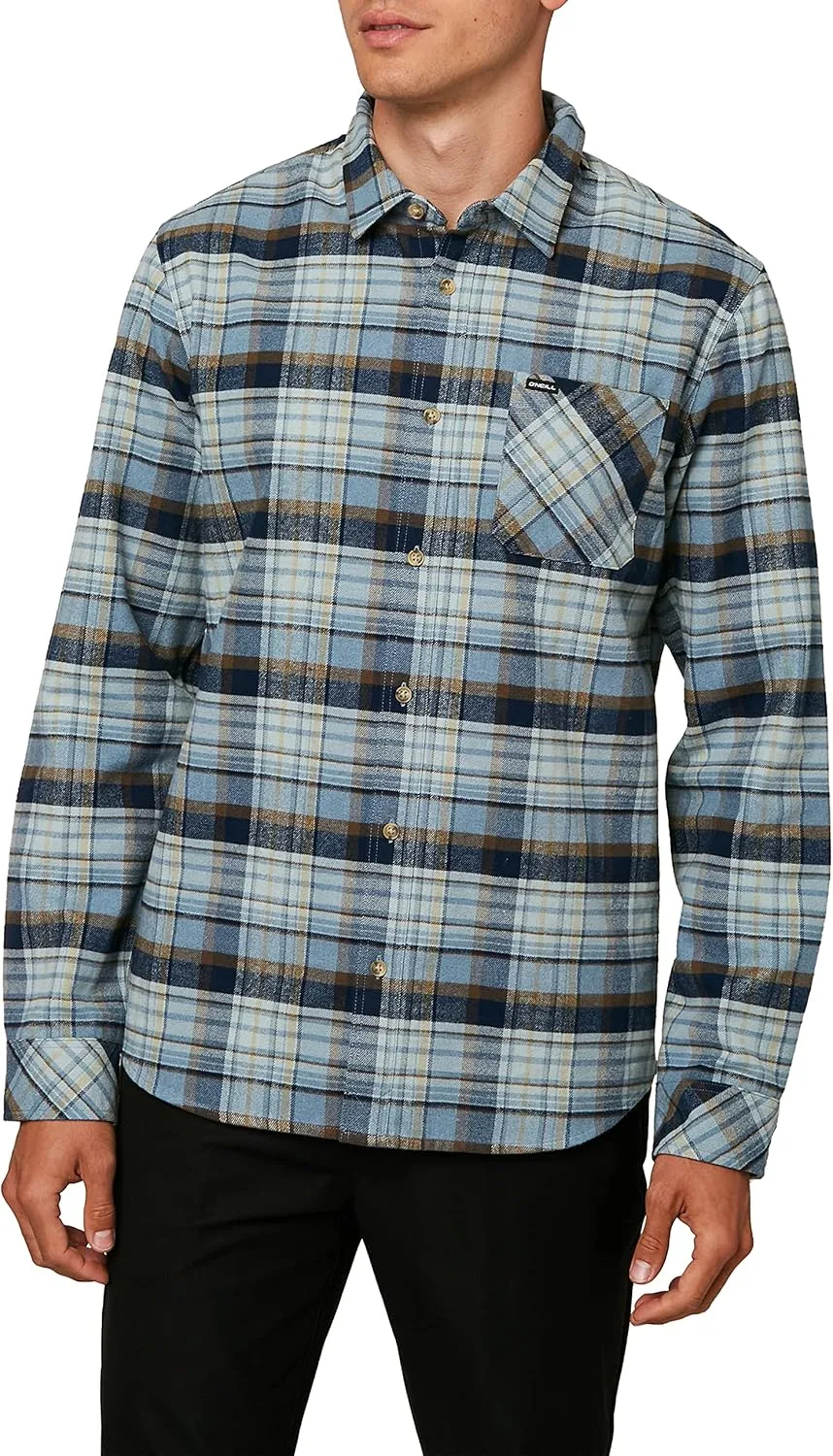 O'NEILL Men's Plaid Stretch Flannel - Long Sleeve Flannel Shirt for Men - Casual Button-Up Shirt,Pastel Blue | Winslow,M