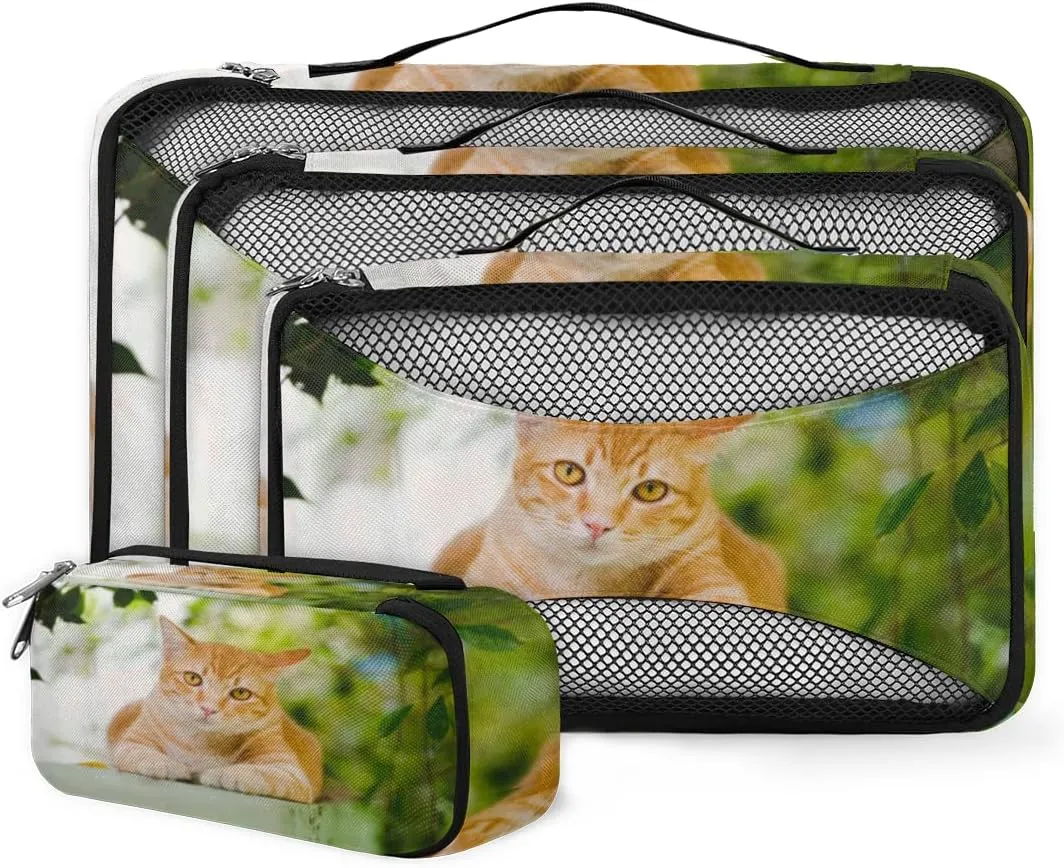Orange Cat Packing Cubes 4 Pack Travel Packing Bags Individual Carry on Suitcases Underwear Luggage Mesh Organizer Packing Cubes Set for Travel Bag Backpack