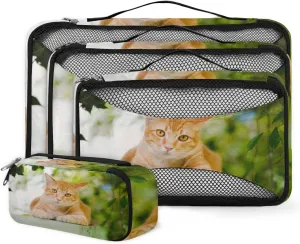 Orange Cat Packing Cubes 4 Pack Travel Packing Bags Individual Carry on Suitcases Underwear Luggage Mesh Organizer Packing Cubes Set for Travel Bag Backpack