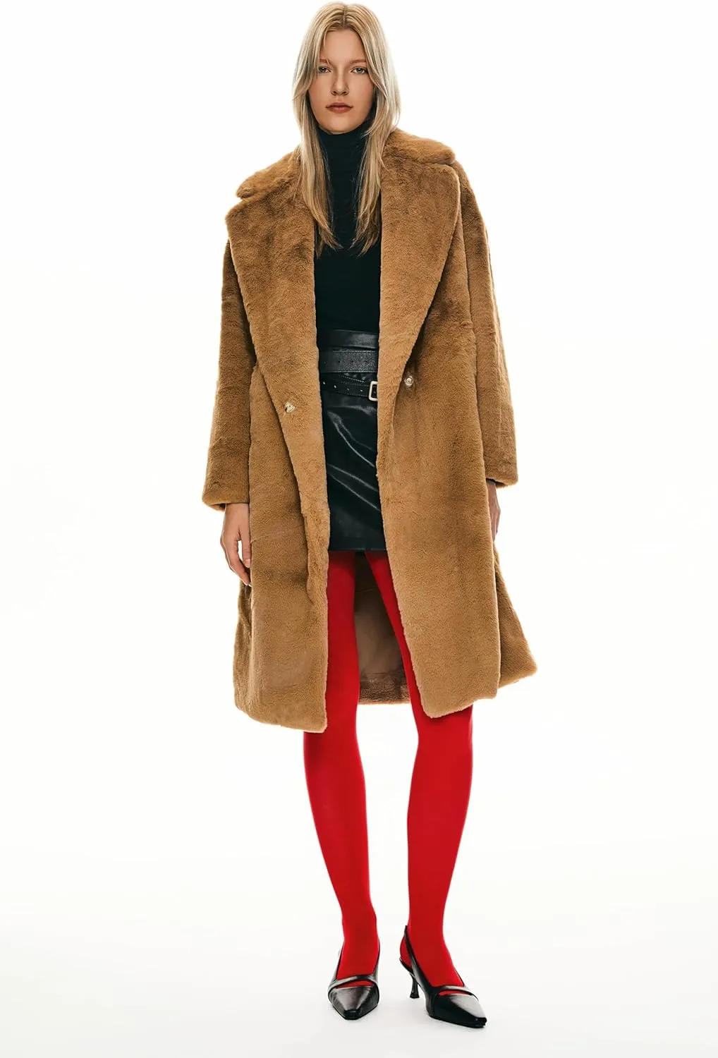 Orolay Women's Fuzzy Fleece Winter Jacket Faux Fur Lapel Coat Mid-Length Sherpa Teddy Coat