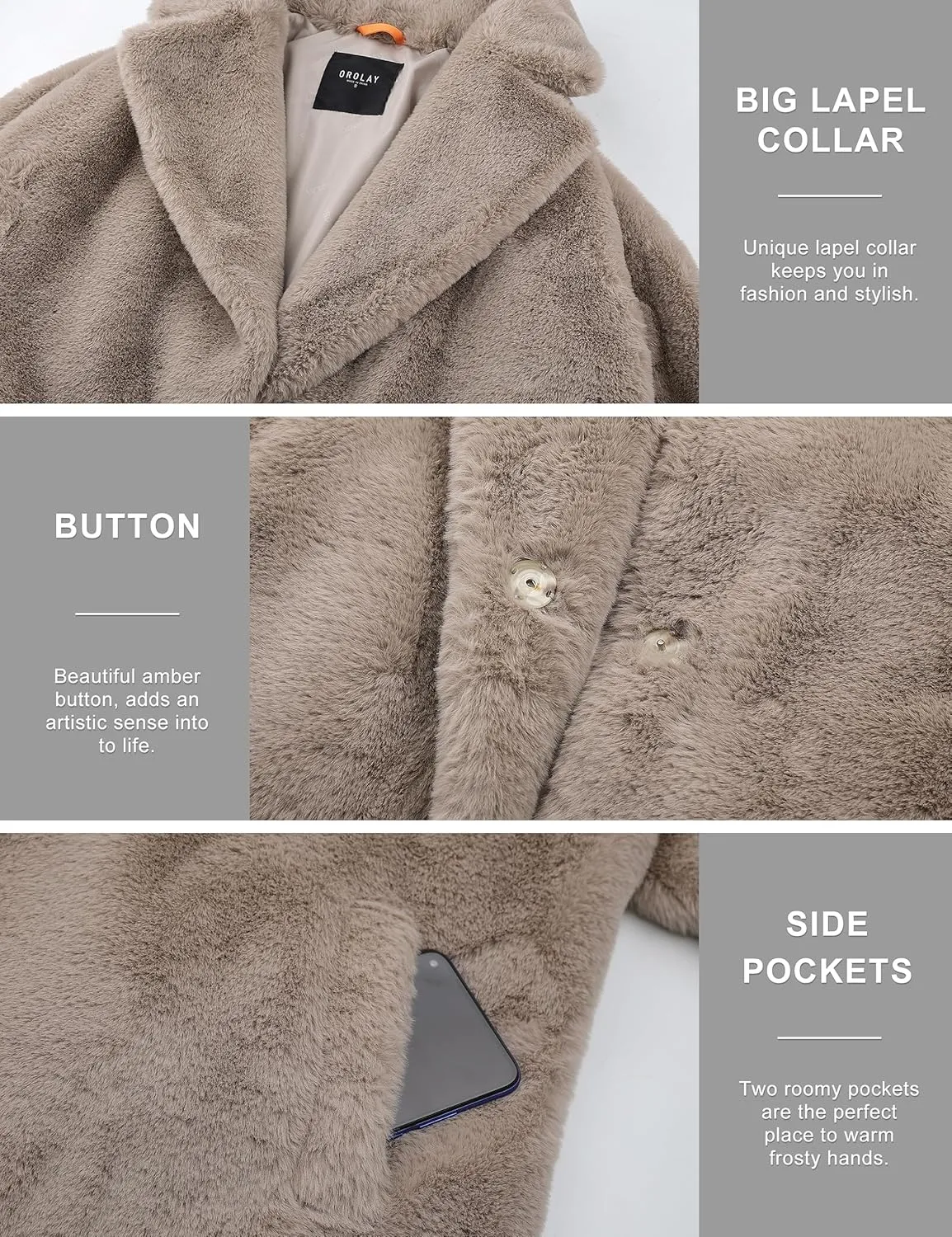 Orolay Women's Fuzzy Fleece Winter Jacket Faux Fur Lapel Coat Mid-Length Sherpa Teddy Coat