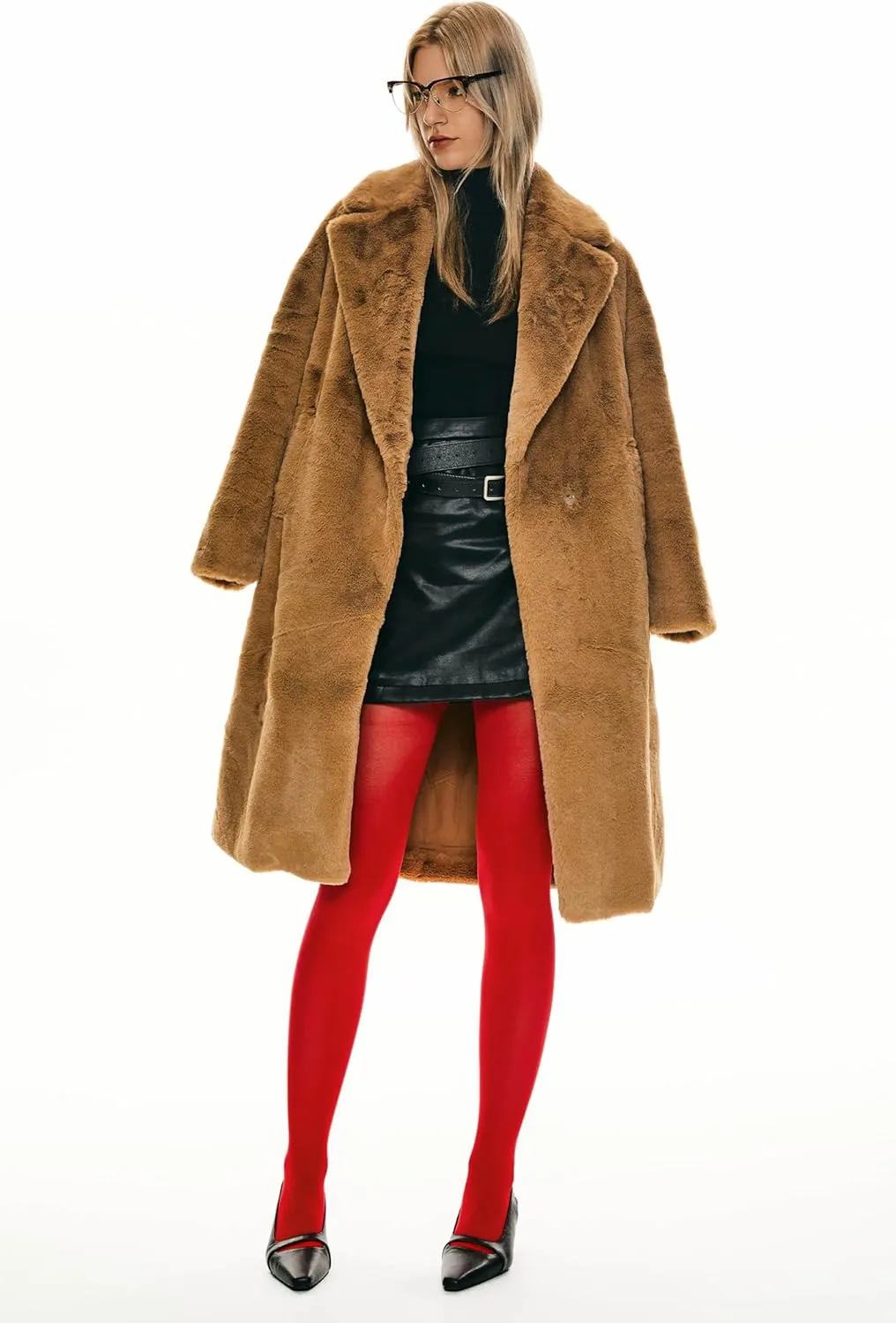 Orolay Women's Fuzzy Fleece Winter Jacket Faux Fur Lapel Coat Mid-Length Sherpa Teddy Coat