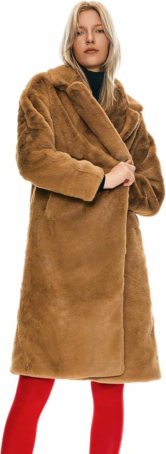 Orolay Women's Fuzzy Fleece Winter Jacket Faux Fur Lapel Coat Mid-Length Sherpa Teddy Coat