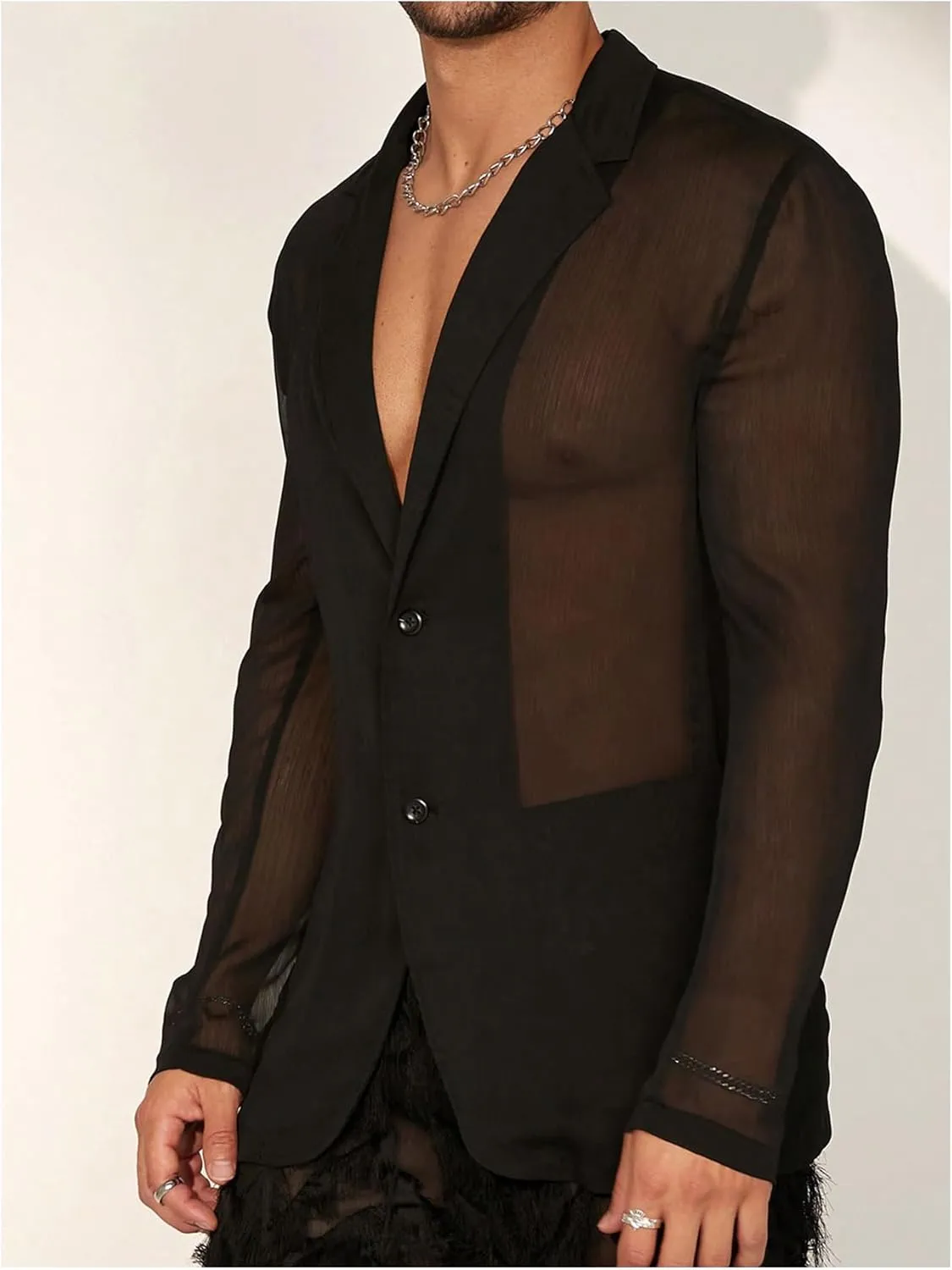 OYOANGLE Men's Long Sleeve Sheer Mesh Blazer Jackets Party Lightweight See Through Button Front Shirts Outwear