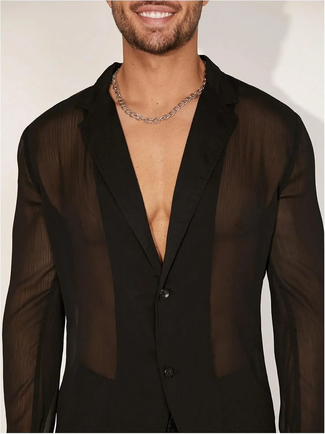 OYOANGLE Men's Long Sleeve Sheer Mesh Blazer Jackets Party Lightweight See Through Button Front Shirts Outwear
