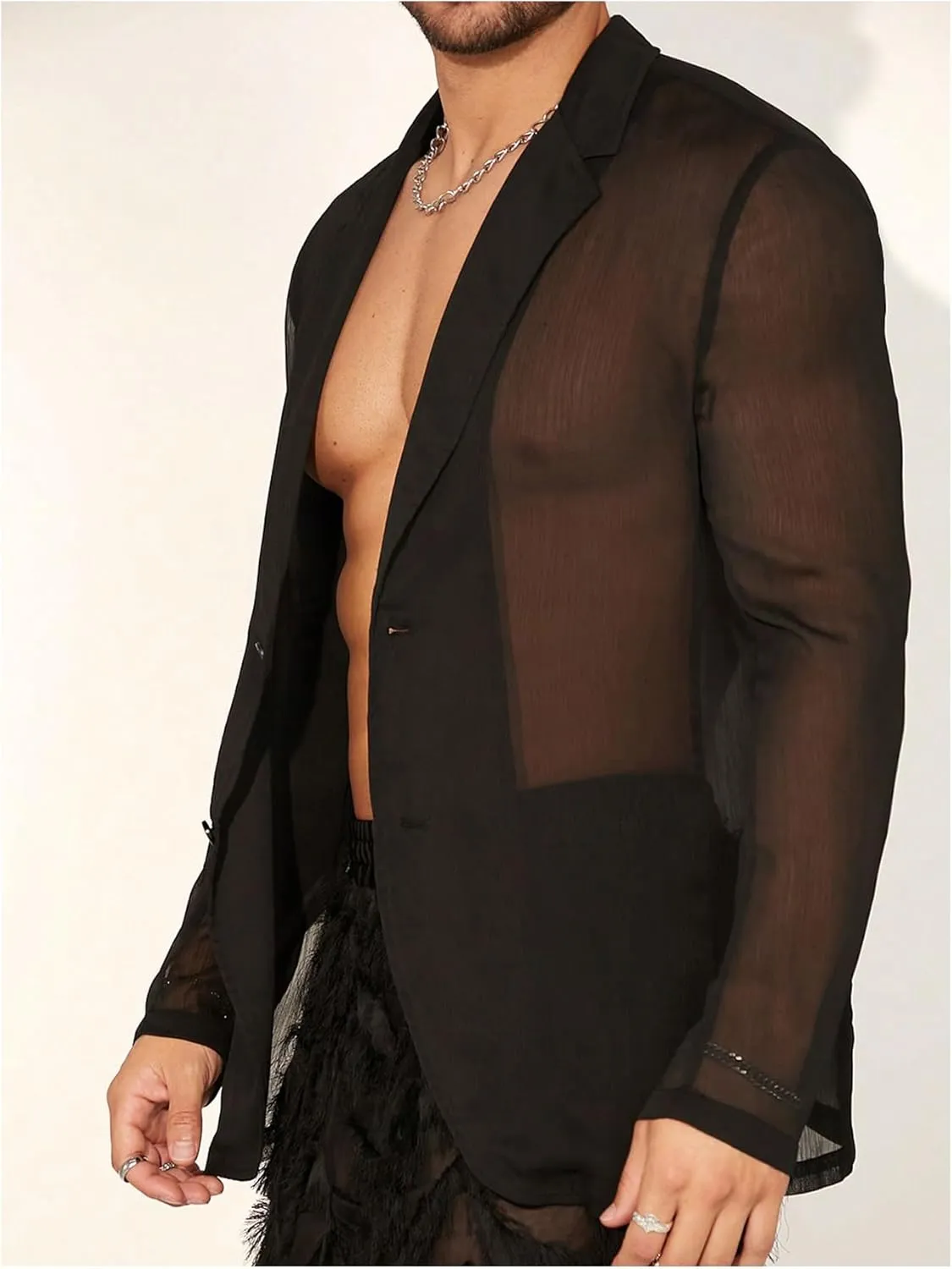 OYOANGLE Men's Long Sleeve Sheer Mesh Blazer Jackets Party Lightweight See Through Button Front Shirts Outwear