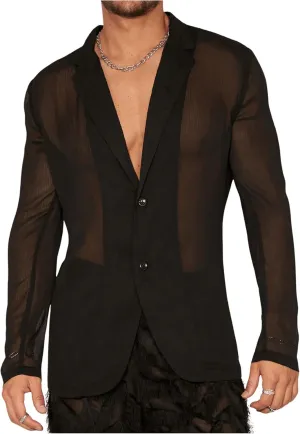 OYOANGLE Men's Long Sleeve Sheer Mesh Blazer Jackets Party Lightweight See Through Button Front Shirts Outwear