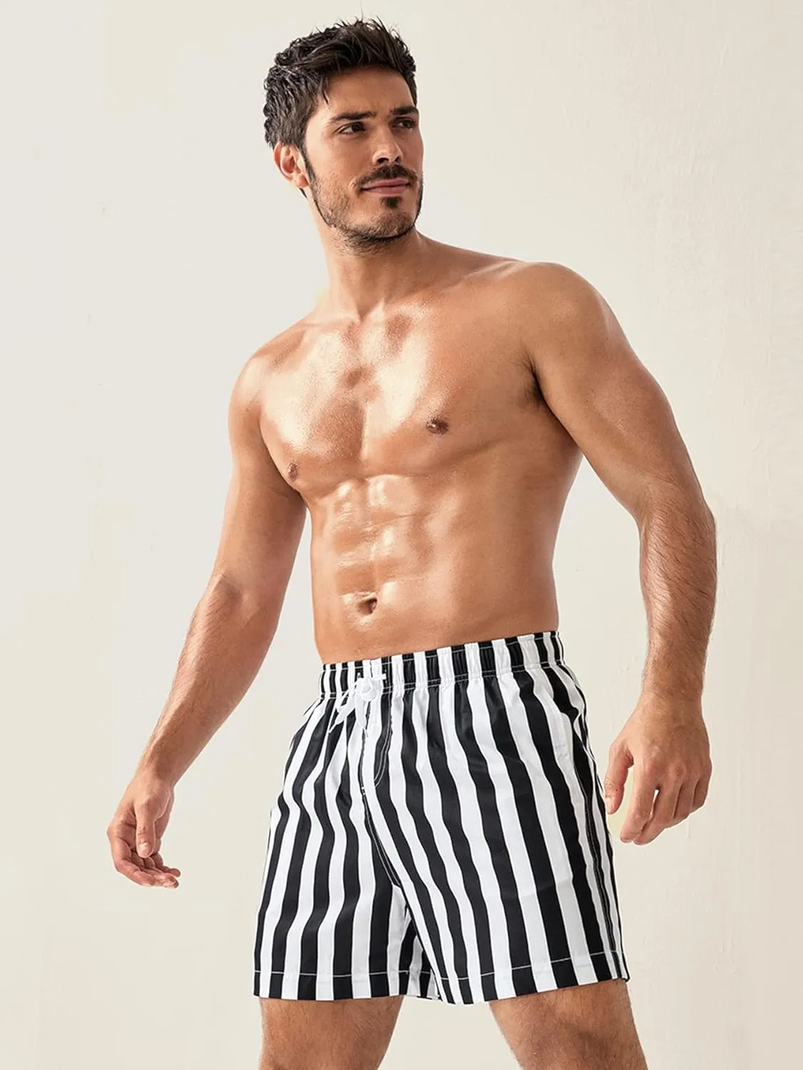 OYOANGLE Men's Striped Swim Trunks Quick Dry Beach Board Shorts Swimwear