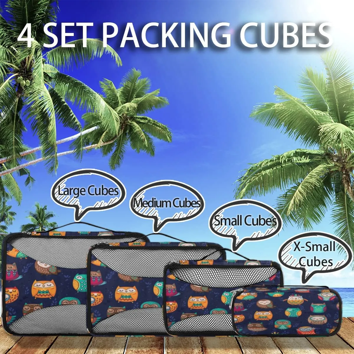 Packing Cubes 4 Pack Cute Animal Indian Owl Travel Packing Bags Individual Carry on Suitcases Underwear Luggage Mesh Organizer Packing Cubes Set for Travel Bag Backpack