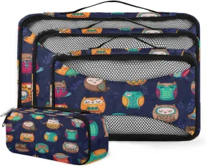 Packing Cubes 4 Pack Cute Animal Indian Owl Travel Packing Bags Individual Carry on Suitcases Underwear Luggage Mesh Organizer Packing Cubes Set for Travel Bag Backpack