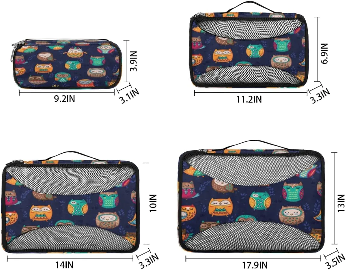 Packing Cubes 4 Pack Cute Animal Indian Owl Travel Packing Bags Individual Carry on Suitcases Underwear Luggage Mesh Organizer Packing Cubes Set for Travel Bag Backpack