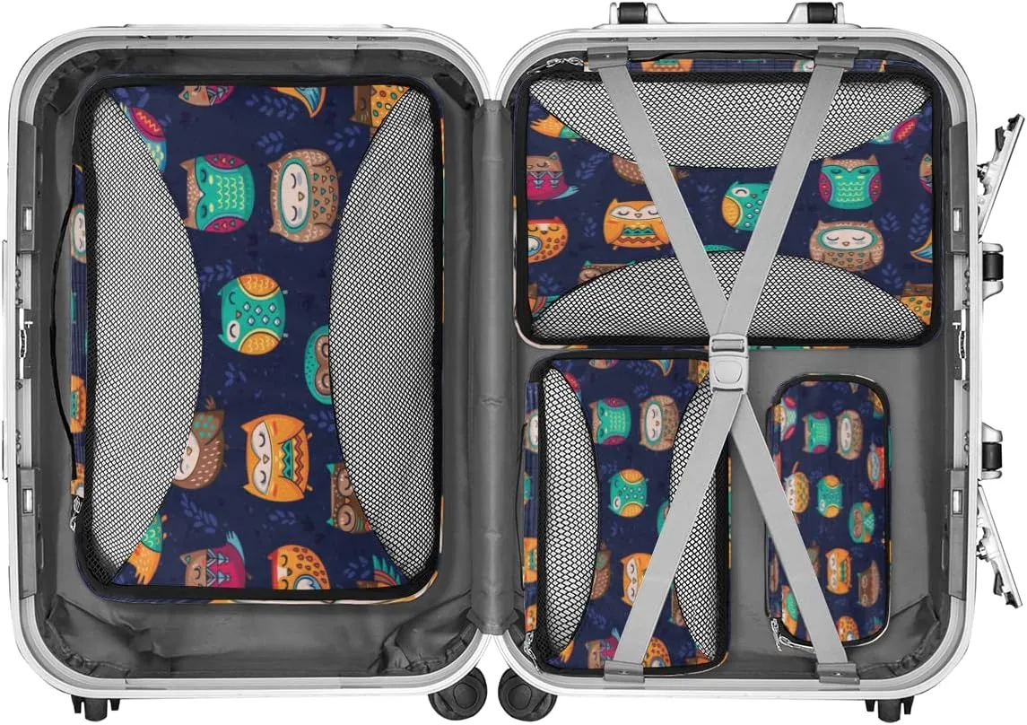 Packing Cubes 4 Pack Cute Animal Indian Owl Travel Packing Bags Individual Carry on Suitcases Underwear Luggage Mesh Organizer Packing Cubes Set for Travel Bag Backpack