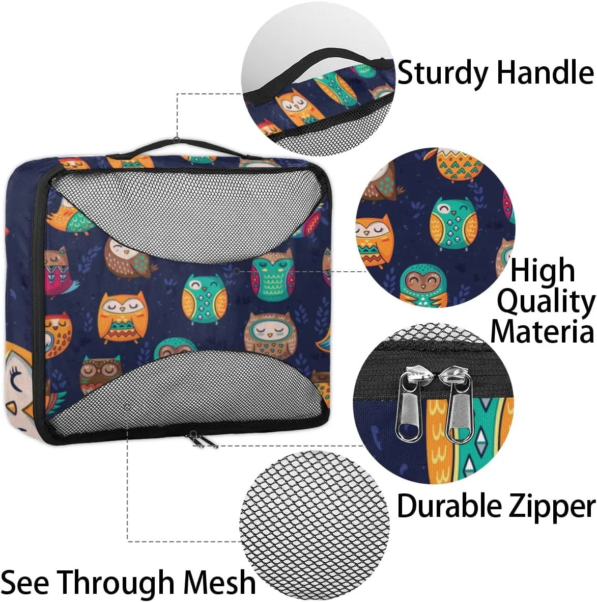 Packing Cubes 4 Pack Cute Animal Indian Owl Travel Packing Bags Individual Carry on Suitcases Underwear Luggage Mesh Organizer Packing Cubes Set for Travel Bag Backpack