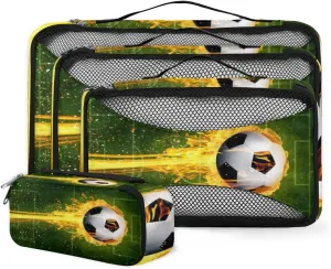 Packing Cubes 4 Pack Fire Soccer Football Travel Packing Bags Individual Carry on Suitcases Underwear Luggage Mesh Organizer Packing Cubes Set for Travel Bag Backpack