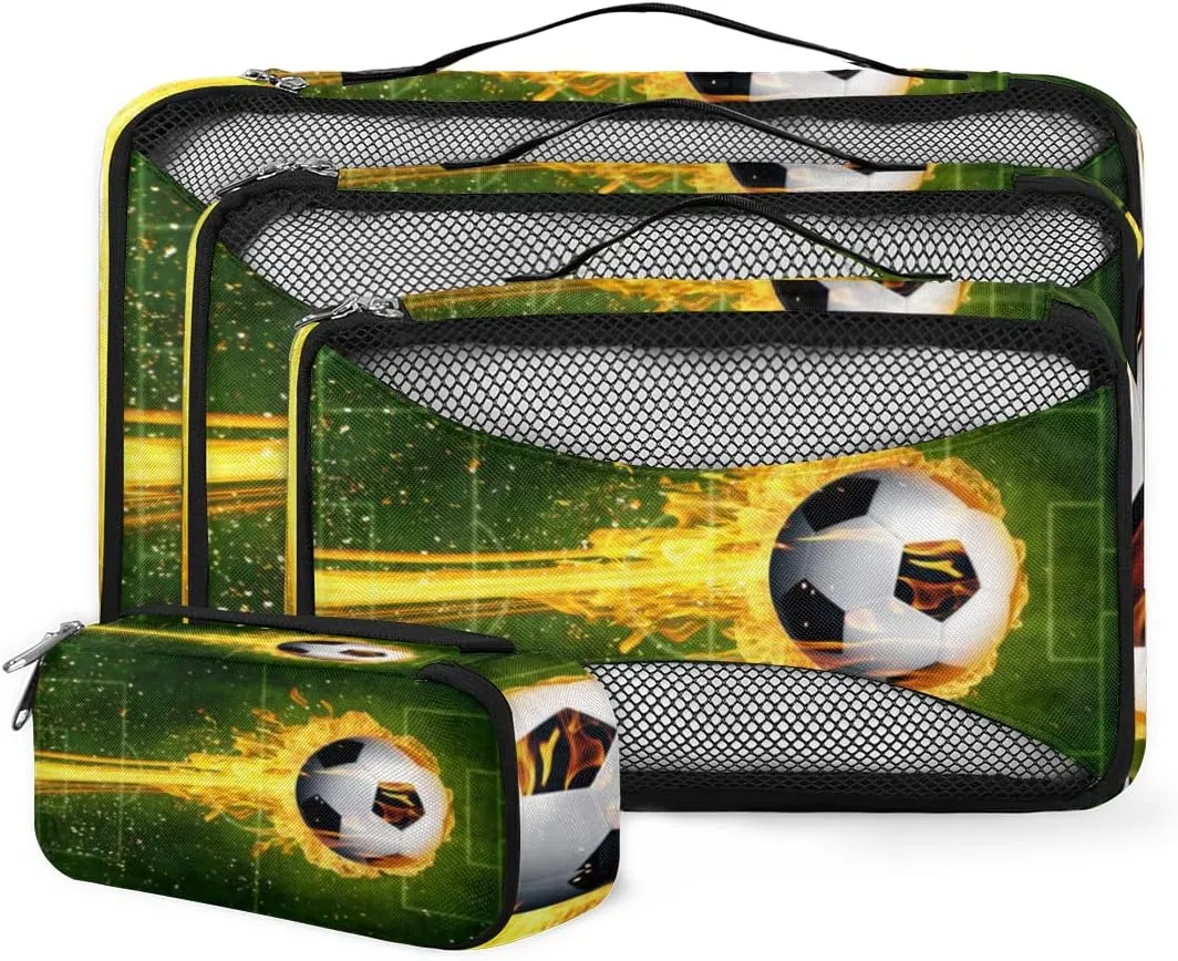 Packing Cubes 4 Pack Fire Soccer Football Travel Packing Bags Individual Carry on Suitcases Underwear Luggage Mesh Organizer Packing Cubes Set for Travel Bag Backpack