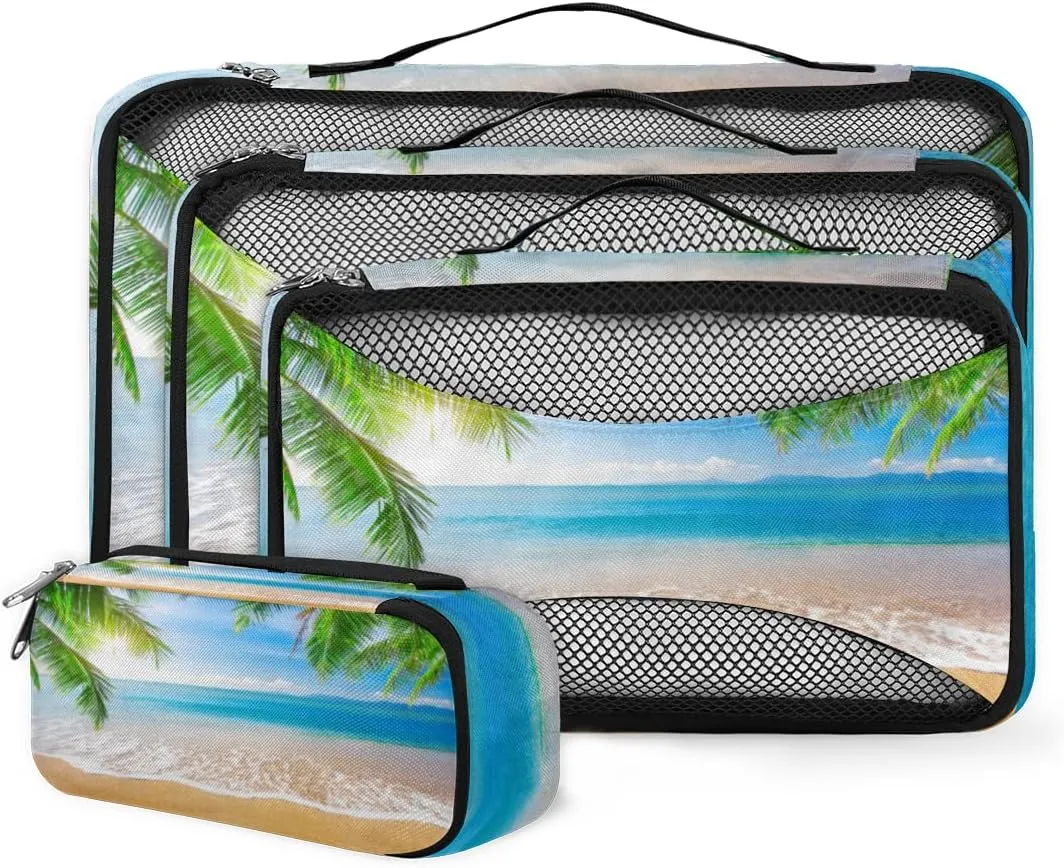 Packing Cubes 4 Pack Palm Tropical Ocean Sea Beach Travel Packing Bags Individual Carry on Suitcases Underwear Luggage Mesh Organizer Packing Cubes Set for Travel Bag Backpack