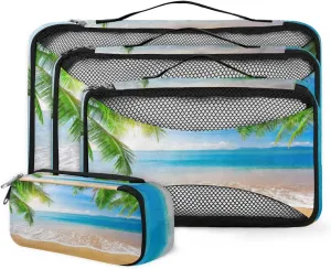 Packing Cubes 4 Pack Palm Tropical Ocean Sea Beach Travel Packing Bags Individual Carry on Suitcases Underwear Luggage Mesh Organizer Packing Cubes Set for Travel Bag Backpack