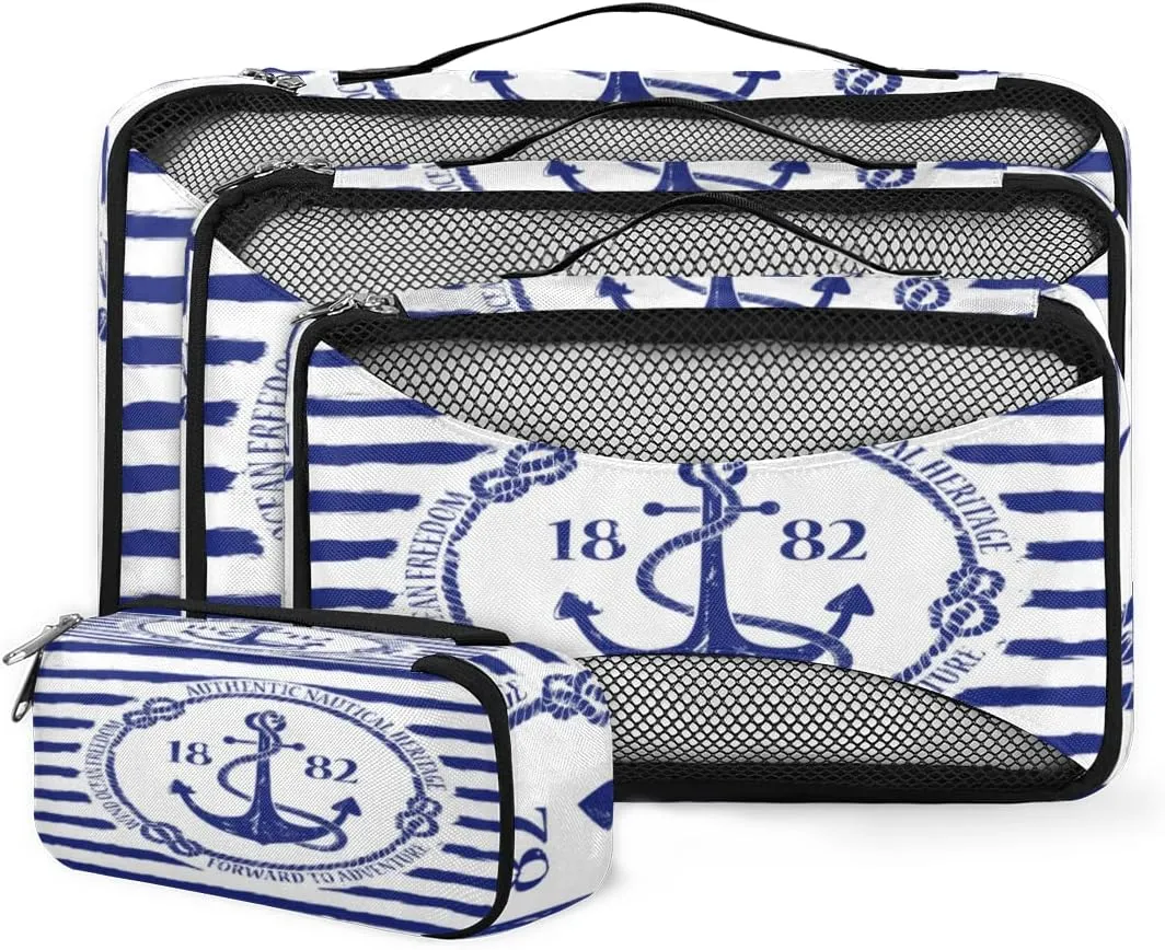 Packing Cubes 4 Pack Retro Anchor Navy Stripe Travel Packing Bags Individual Carry on Suitcases Underwear Luggage Mesh Organizer Packing Cubes Set for Travel Bag Backpack