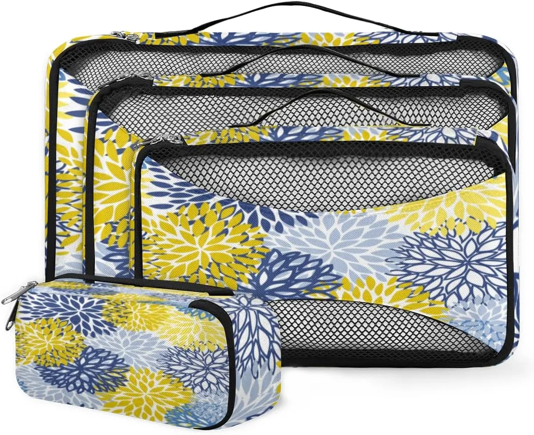 Packing Cubes 4 Pack Spring Flower Blue Yellow Navy Chrysanthemum Travel Packing Bags Individual Carry on Suitcases Underwear Luggage Mesh Organizer Packing Cubes Set for Travel Bag Backpack