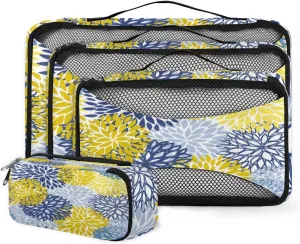 Packing Cubes 4 Pack Spring Flower Blue Yellow Navy Chrysanthemum Travel Packing Bags Individual Carry on Suitcases Underwear Luggage Mesh Organizer Packing Cubes Set for Travel Bag Backpack