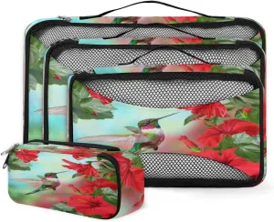 Packing Cubes 4 Pack Spring Hummingbird Flower Floral Travel Packing Bags Individual Carry on Suitcases Underwear Luggage Mesh Organizer Packing Cubes Set for Travel Bag Backpack