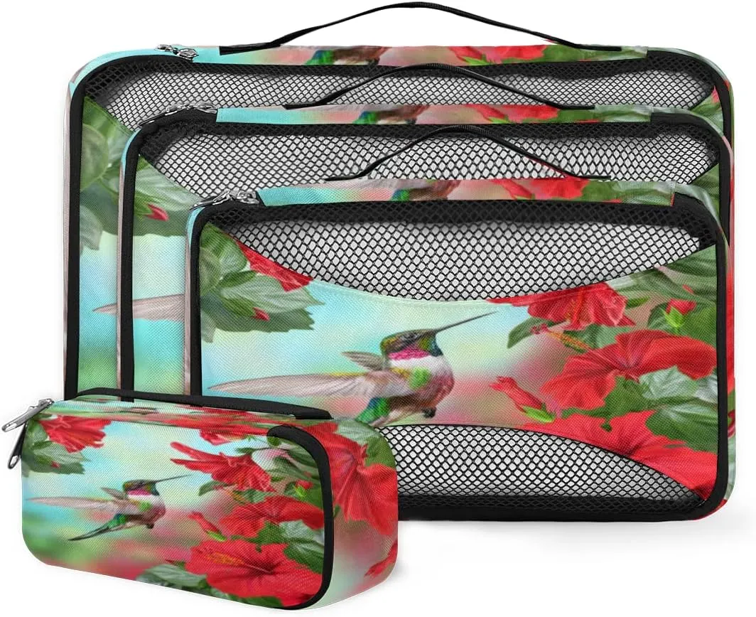 Packing Cubes 4 Pack Spring Hummingbird Flower Floral Travel Packing Bags Individual Carry on Suitcases Underwear Luggage Mesh Organizer Packing Cubes Set for Travel Bag Backpack